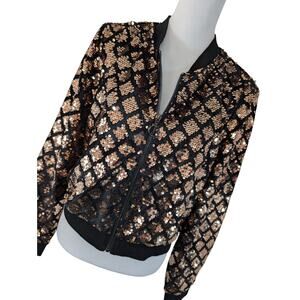 NWT! ALLEGRA K! STUNNING SEQUINNED JACKET IN BLACK & GOLD, ZIPPER FRONT! SZ L